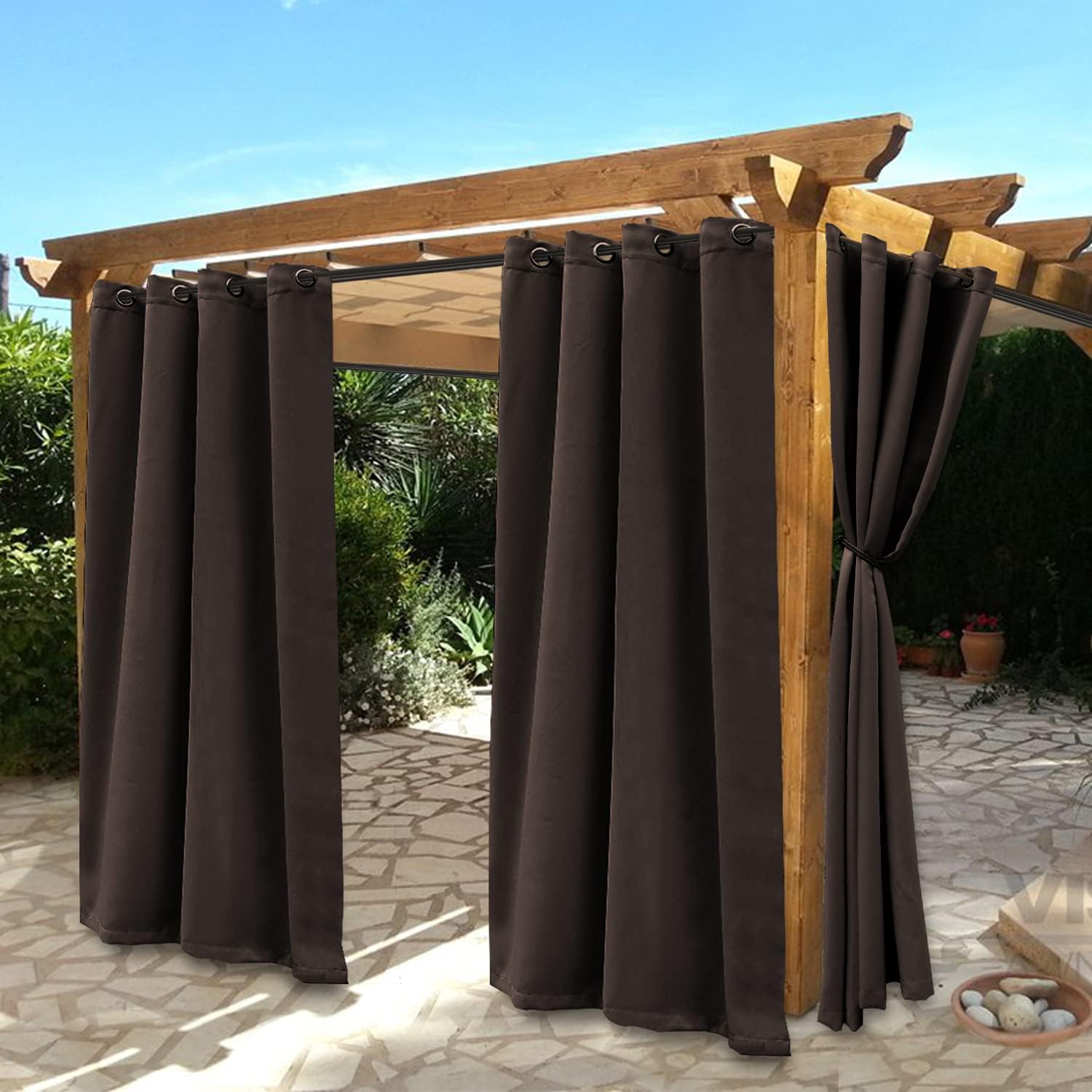 Outdoor Curtains - BONZER Waterproof Indoor/Outdoor Curtains for Patio - Thermal Insulated, Sun Blocking Grommet Blackout Curtains for Bedroom, Porch, Living Room, Pergola, Cabana, 2 Panels, 52 x 95 inch, Chocolate