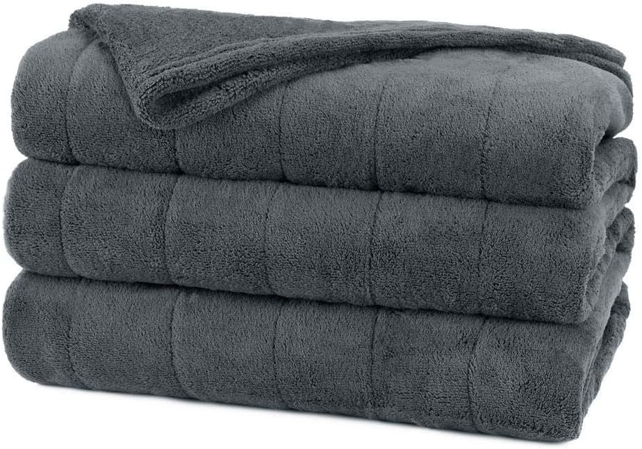 Sunbeam Heated Electric Blanket Channeled Microplush Queen Size Slate Grey