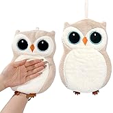 Cozeoa Owl Coral Fleece Wall Mounted Hand Towels 2 Pack, Off White Cute Decorative Hand Towels with Hanging Loop, Quick Dry High Absorbent Soft Towels for Bathroom Kitchen Farmhouse Decor