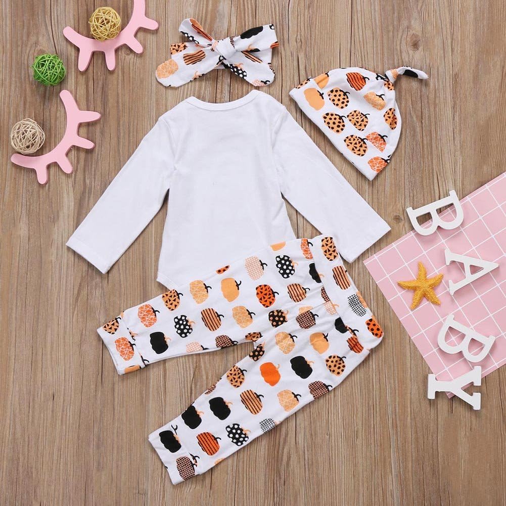 4Pcs Cute Infant Baby Girl Boy Halloween Thanksgiving Clothes Pumpkin Romper with Hat and Long Pants Outfits Set: Clothing