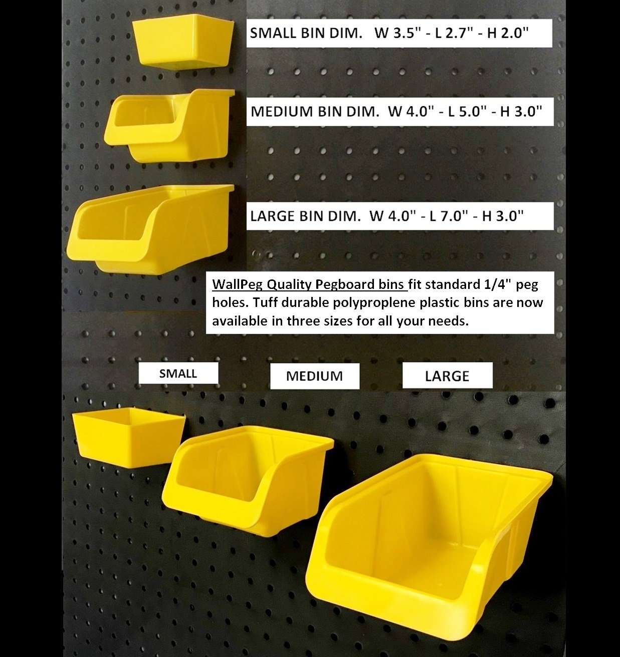 WallPeg Tool Board Accessories Plastic Pegboard Bins Yellow Pegboard
