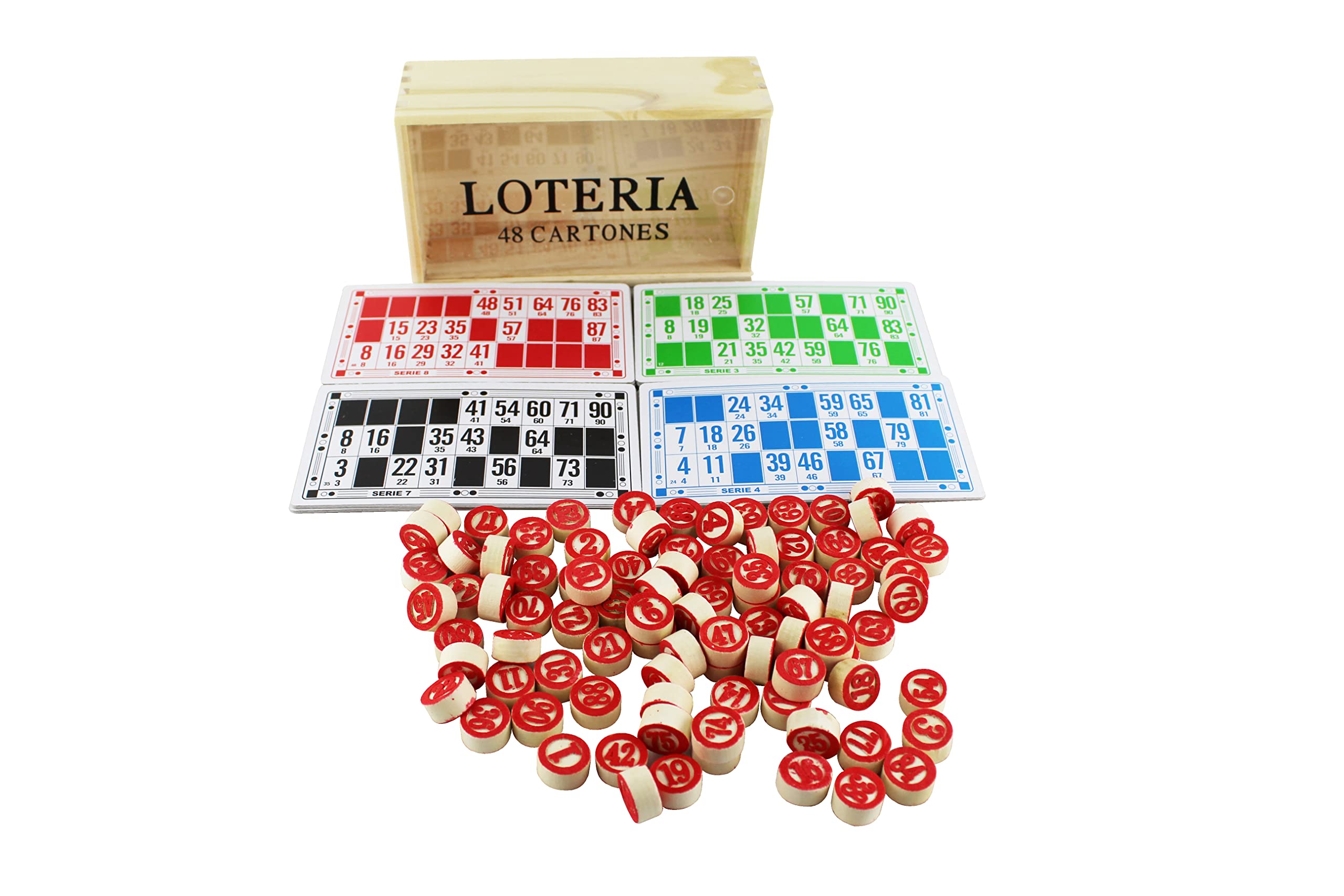ISDI Bingo Games Lottery, 48 Cards and 90 Pieces with 2 Sides and Wooden Storage Box