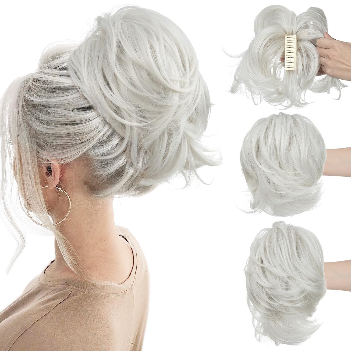 Photo 1 of CJL HAIR Claw Clip Short Ponytail Hair Extensions DIY Bendable Metals Messy Bun Hair Piece for Wonen Straight Synthetic Fake Hairpieces White