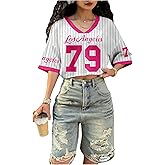 SweatyRocks Women's Number Graphic Jersey Shirts Y2k Crop Jerseys V Neck Oversized Baggy Tops Streetwear