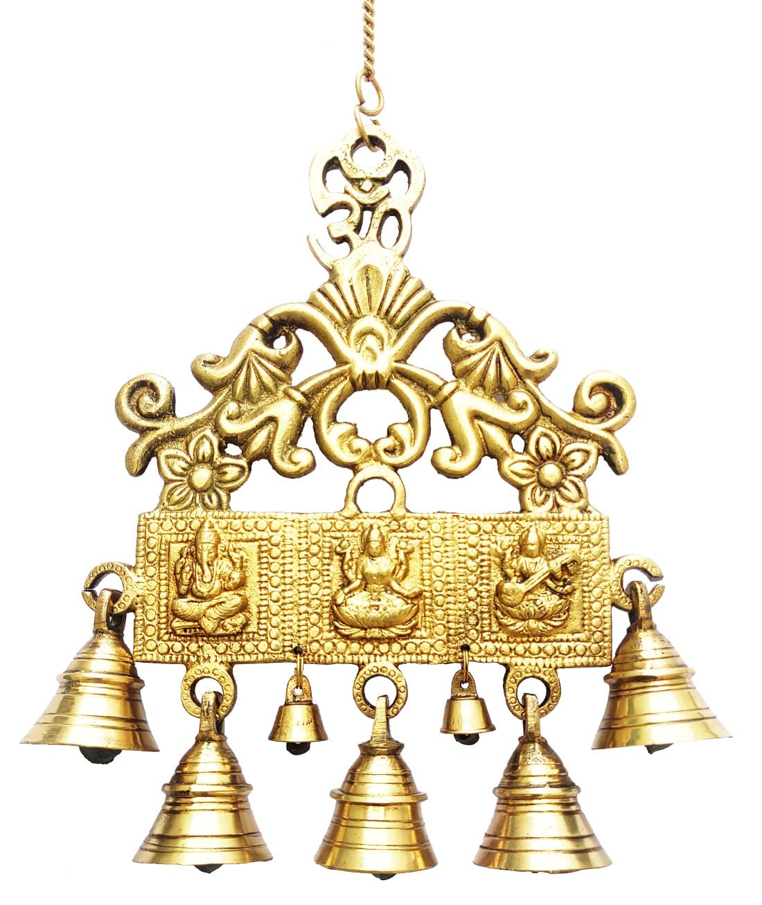 Purpledip Brass Wall Hanging With Bells Of Lakshmi Ganesh Saraswati, Unique Indian Décor (10721)
