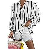 Maketina Womens Puff Sleeve Babydoll Tops Casual V Neck Striped Shirts Cotton Cute Loose Fit Flowy Blouse