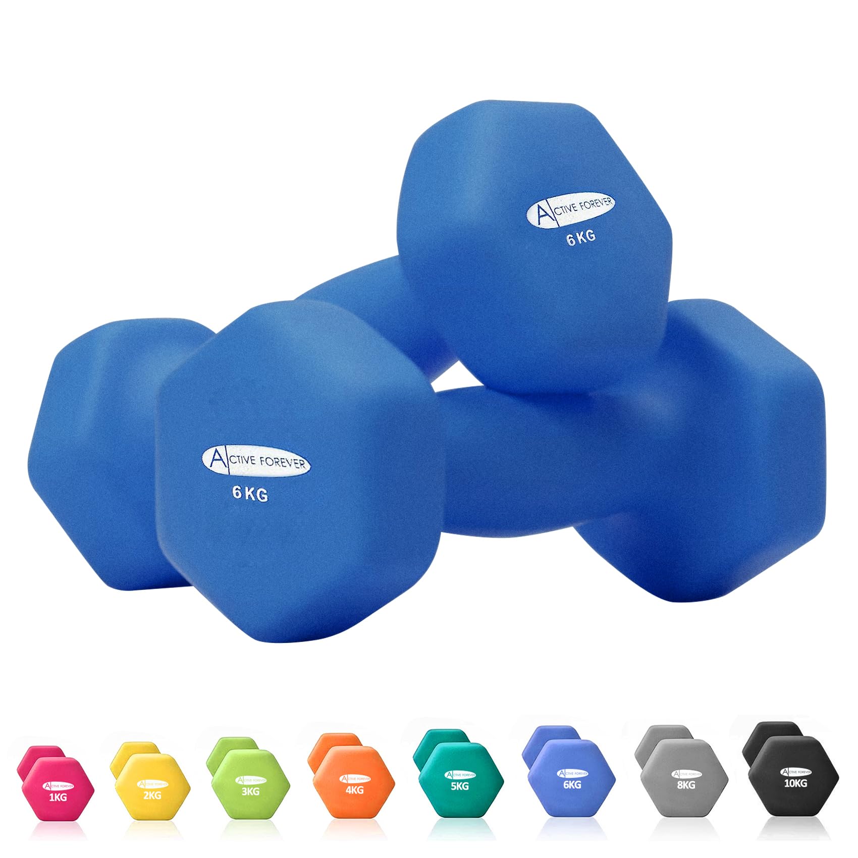 ACTIVE FOREVER Dumbbells 2×6kg, Set of 2, Hex Dumbbells Pair, Neoprene Waterproof Non-slip Dumbells Set (Navy Blue)