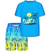 AuSletie Boys Two Piece Rash Guard Swimsuits Sets Kids Short Sleeve Swimsuits Bathing Suit with Swim Trunks Swimwear Set