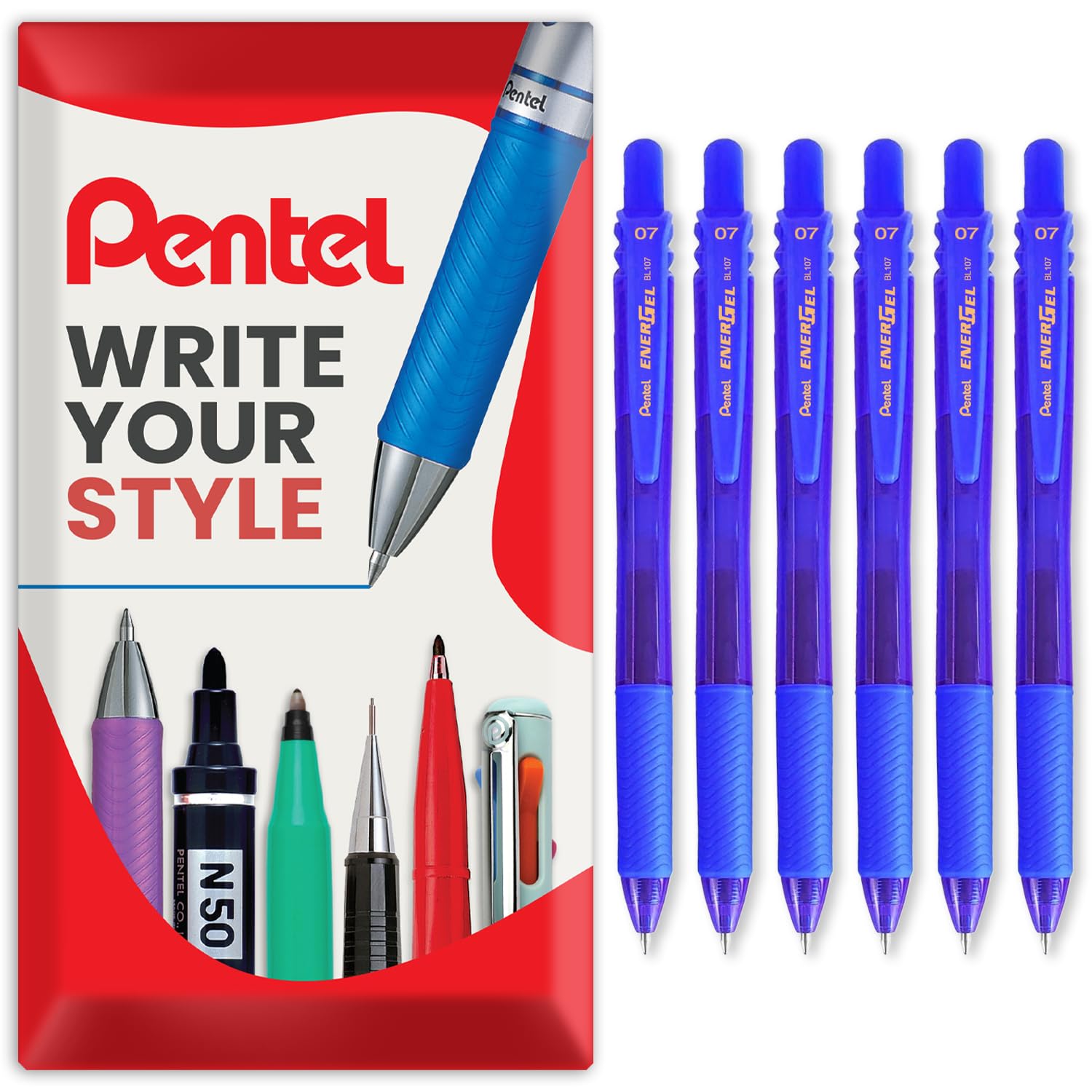 Pentel Energel X BL107 Retractable Gel Rollerball Pens - 0.7mm Nib - Pack of 6 in Envelope Gift Packaging (Blue)