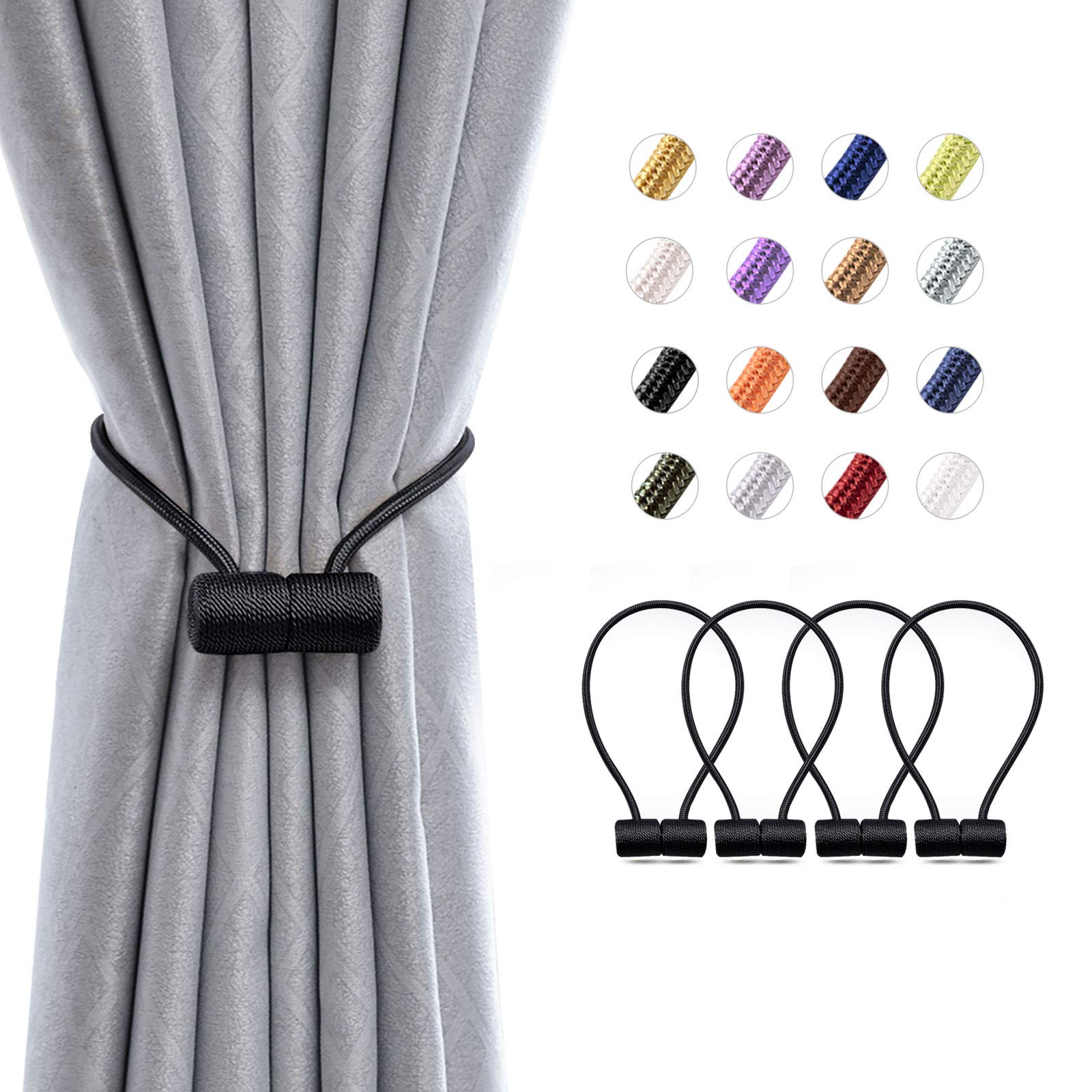 Pretty Jolly 4 Pack Magnetic Curtain Tiebacks 16 Inch Modern Handmade Weave Rope Curtain Holdbacks Convenient Decorative Curtain Drape Tie Backs for Home and Office Window Drapery (Black)