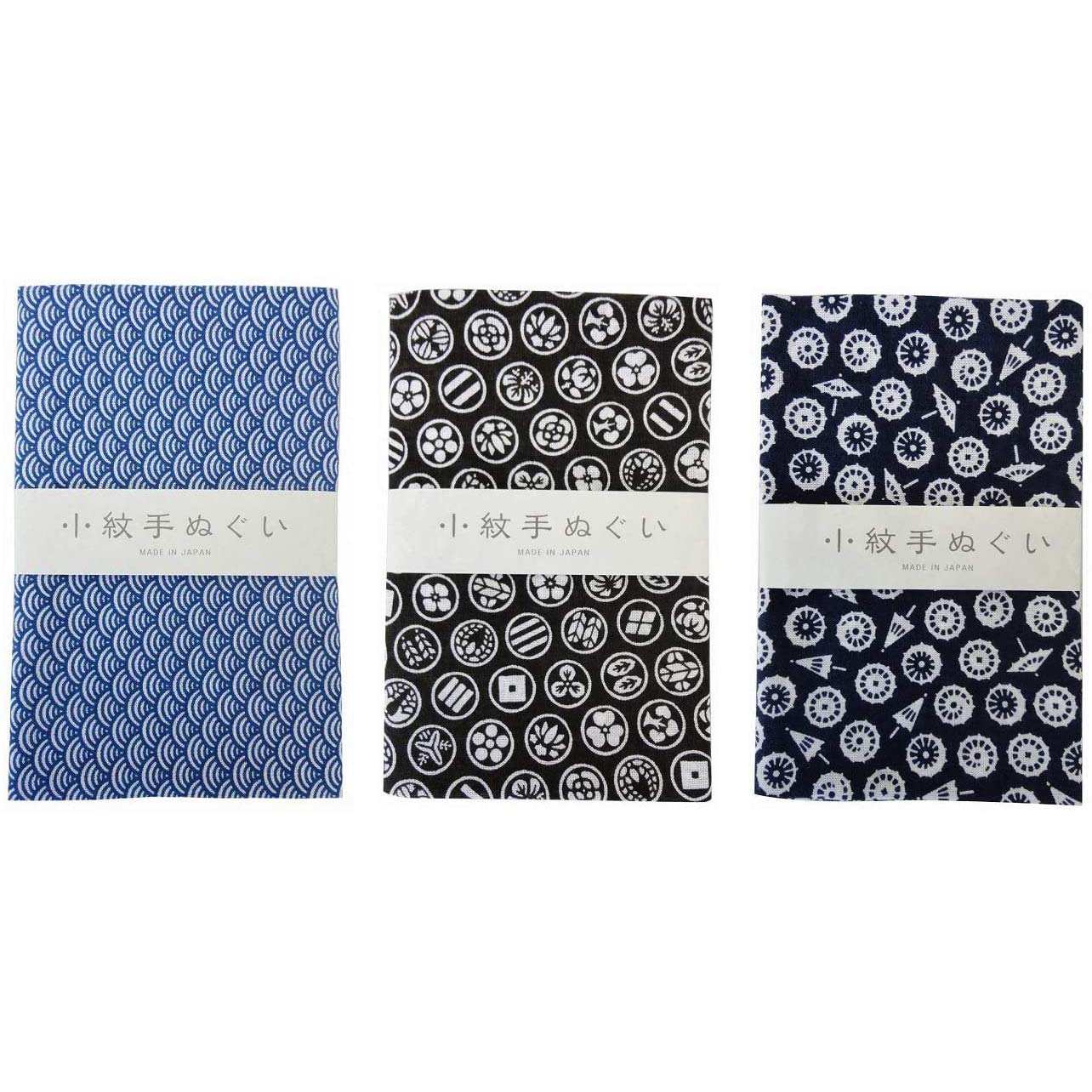 Miyamoto Komon Tenugui Towel 3 Type Set(Seigaiha,Kamon,Wagasa),Black and Blue and Pink,13 inch׳5.4 inch