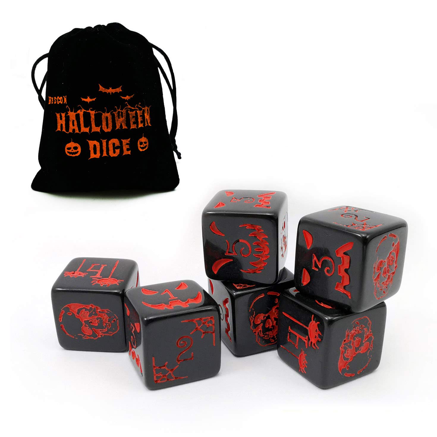 Bescon Halloween Dice D6 6pcs Set Solid Black, 6 Sided Halloween Dice Set in Velvet Pouch