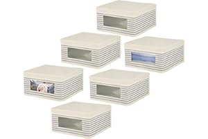 mDesign Medium Fabric Stackable Closet Storage Organizer Box with Front Window/Lid - Bedroom, Office, Mudroom Organization, Hold Clothes, Blankets, Linens, Lido Collection, 6 Pack, Natural/Blue Stripe