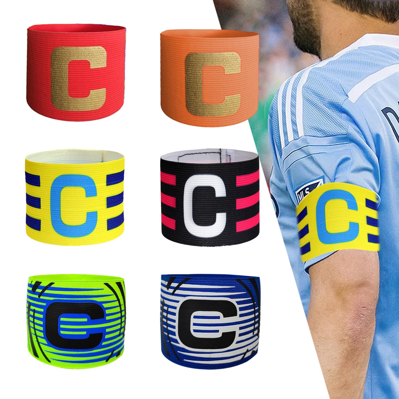 KASESSS 6 Pcs Captains Armband, Adjustable Captain Armband Football for Kids and Adults, Multicolour Elastic Sports Arm Bands Polyester Captains Armband Kids for Multiple Sports Football Hockey Rugby