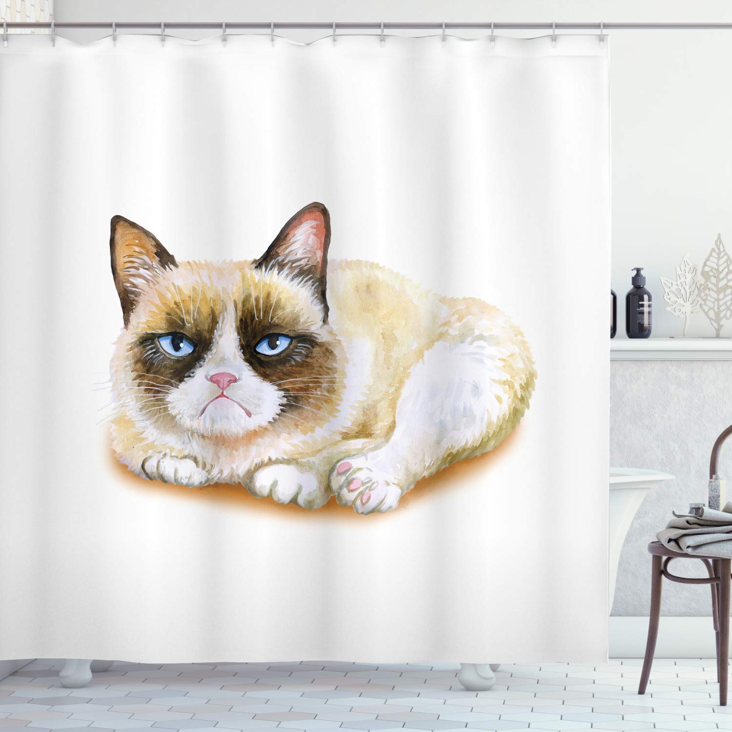 ABAKUHAUS Animal Shower Curtain, Grumpy Siamese Cat Angry Paws Kitten Moody Feline Fluffy Love Art Print, Cloth Fabric Bathroom Decor Set with Hooks, 70 Inches, Brown and Beige — image 1