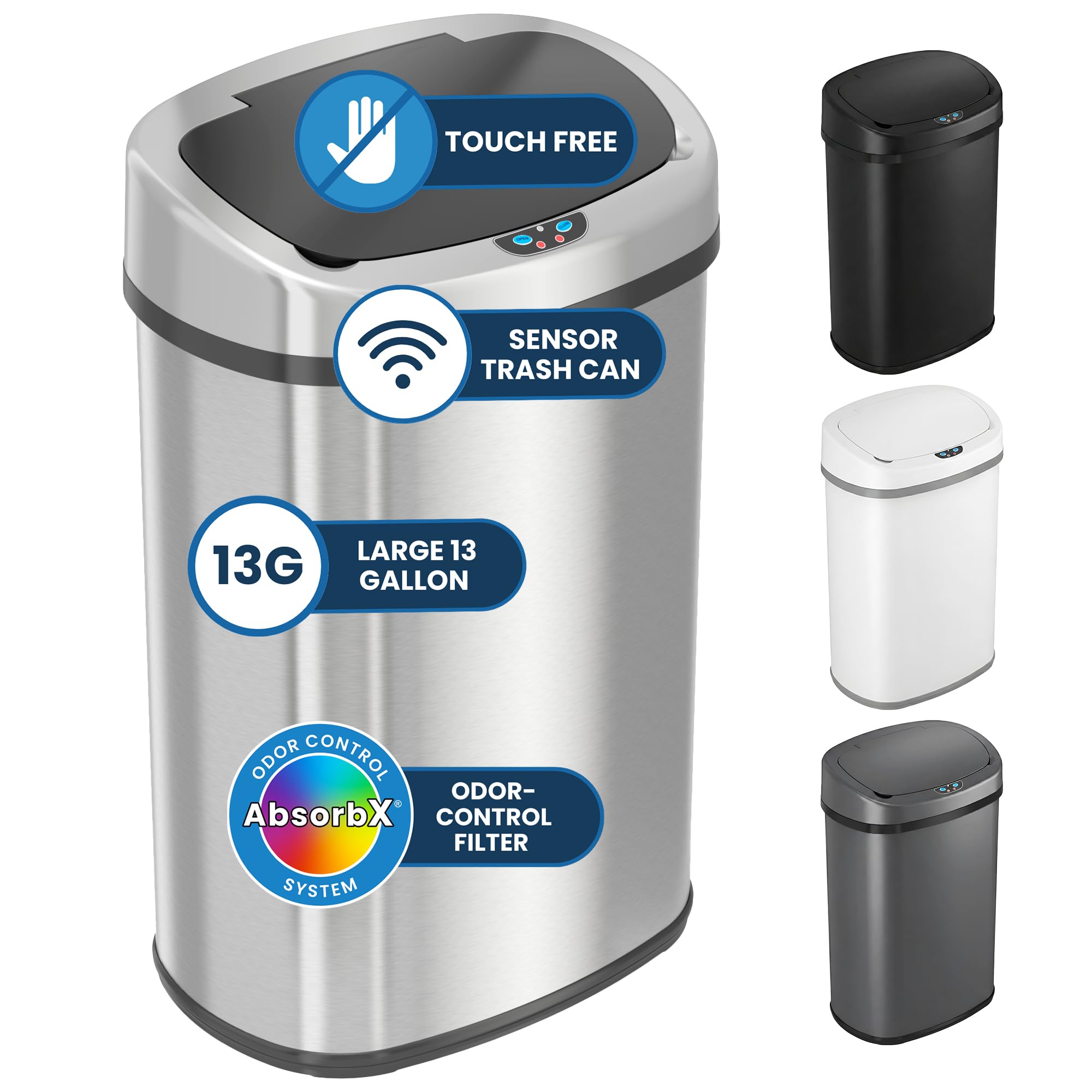 Photo 1 of ***MISSING POWER CORD*** iTouchless 13 Gallon Oval Sensor Trash Can with Odor Filter, 50 Liter Automatic Kitchen Garbage Bin, Fingerprint-Proof Stainless Steel, Smart Hands-Free Motion Lid, Quiet Soft-Close, Brushed Silver