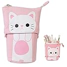 iSuperb Transformer Stand Store Pencil Holder Canvas+PU Cartoon Cute Cat Telescopic Pencil Pouch Bag Stationery Pen Case Box with Zipper Closure 7.5 x 4.9 x 3.0inch/4.1x 3.0inch (Pink)