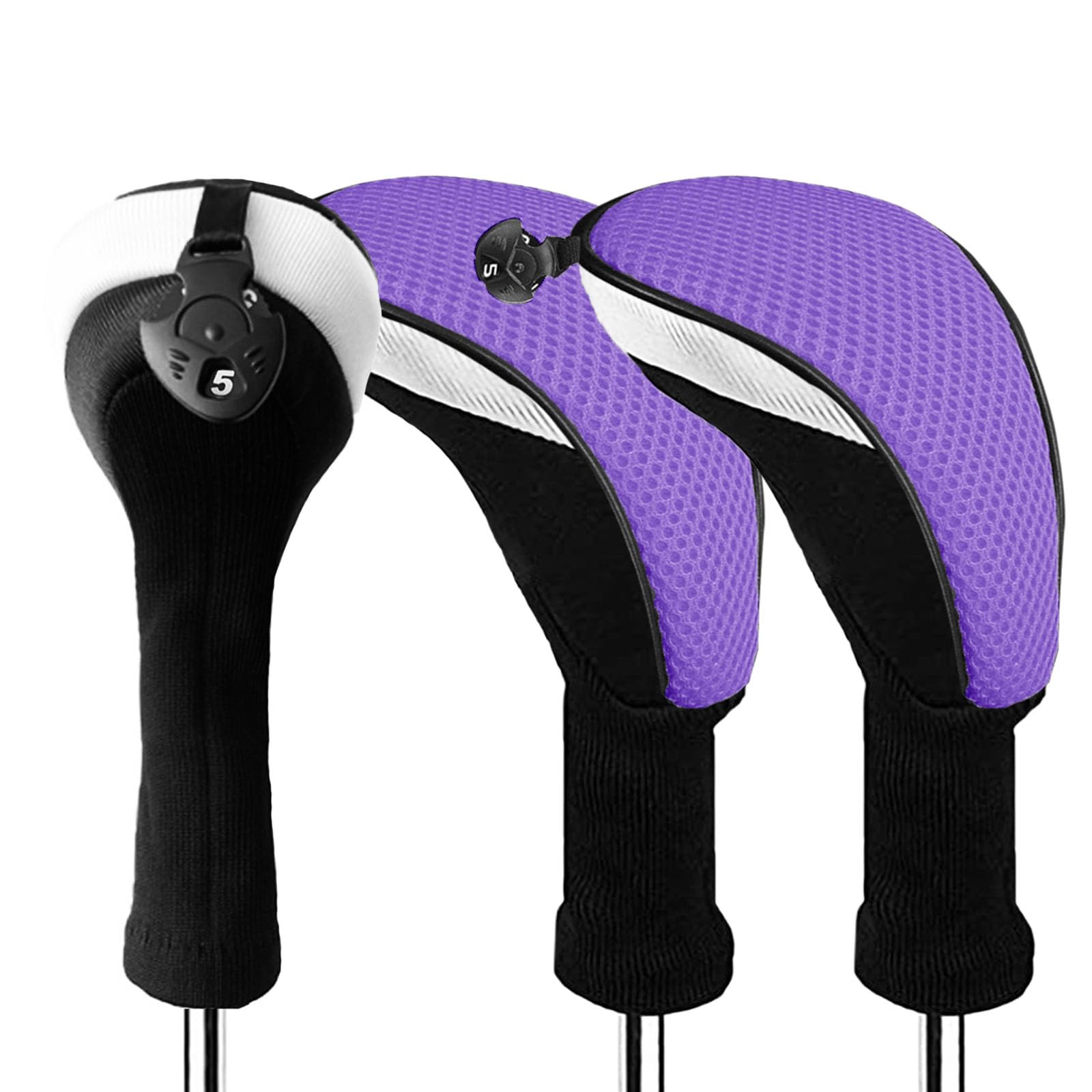 FINGER TEN Golf Club Head Covers Woods Hybrids Long Cover, Headcovers with Interchangeable No. Tags Fit All Hybrids Wood Clubs Light Durable (Purple-3 Pack Hybrid Covers)