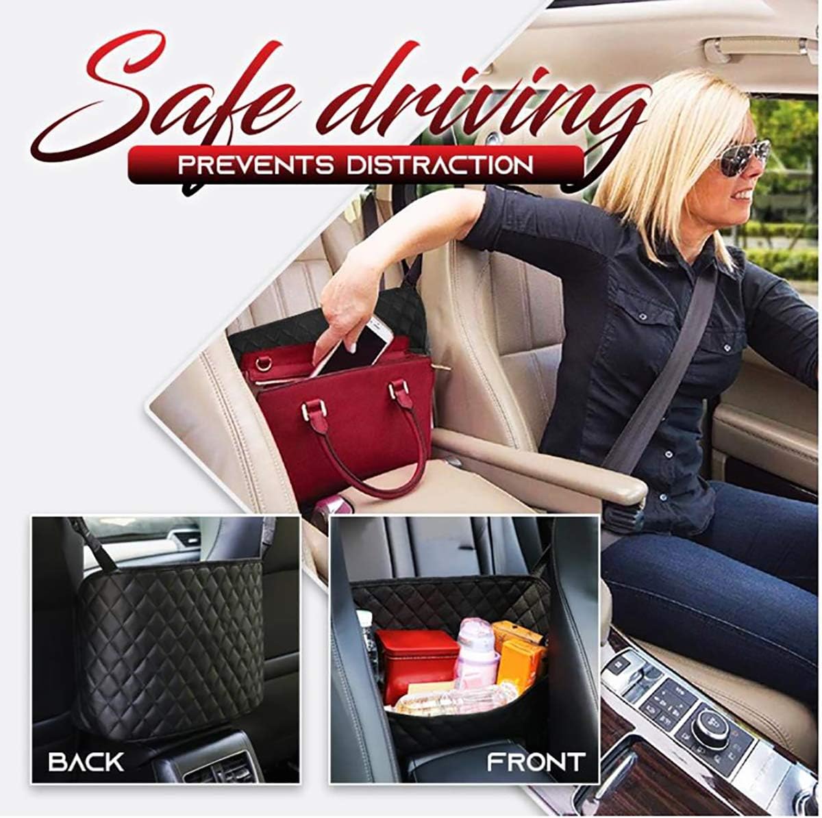 ANLEM Car Handbag Holder, Black Leather Net Hanging Storage Bag Between Car Seats, Driver and Passenger Storage Netting Pouch - Image 5
