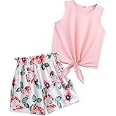 Arshiner Girl's 2 Piece Outfits Summer Tie Knot Tank Top and Paperbag Waist Pocketed Short Sets