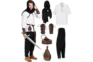 MEISTUIK 6 Pcs Men's Renaissance Viking Costume Medieval Pirate Shirt Pant Accessories Set for Halloween