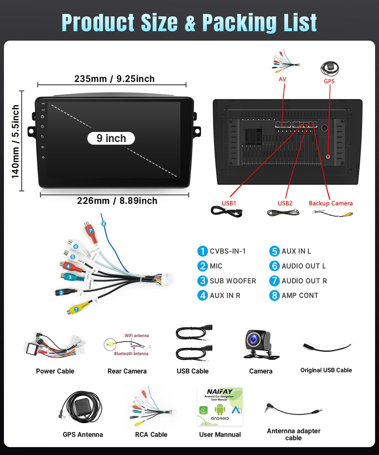 Naifay Android Car Radio for Toyota Sienna 2004 2005 2006 2007 2008 2009 2010 with Wireless CarPlay Android Auto, 2+32G 9inch IPS Touch Screen for Sienna Bluetooth FM In-dash GPS WiFi SWC Split Screen