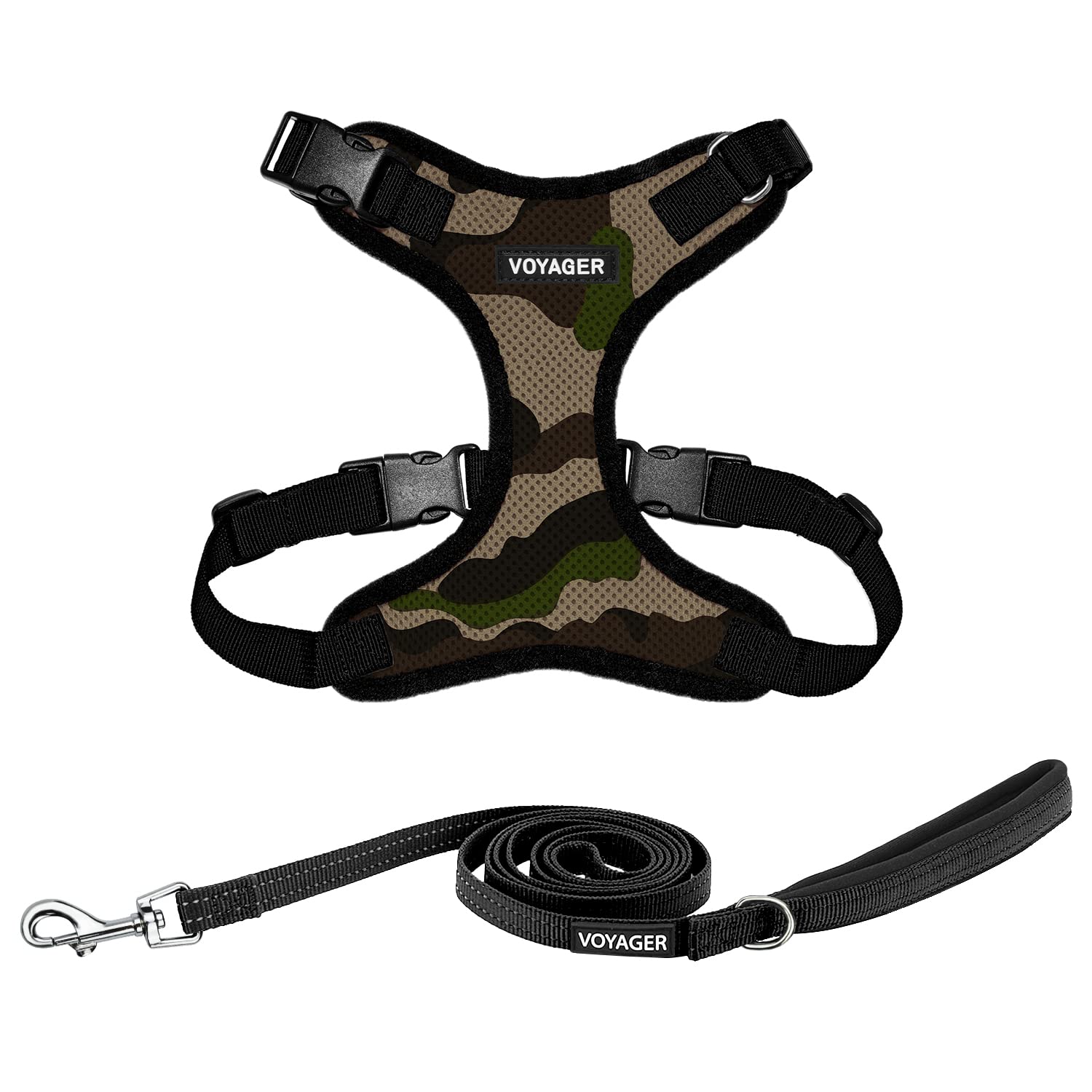 Voyager Step-in Lock Dog Harness w Reflective Dog Leash Combo Set with Neoprene Handle 5ft - Supports Small, Medium and Large Breed Puppies/Cats by Best Pet Supplies - Army/Black Trim, S
