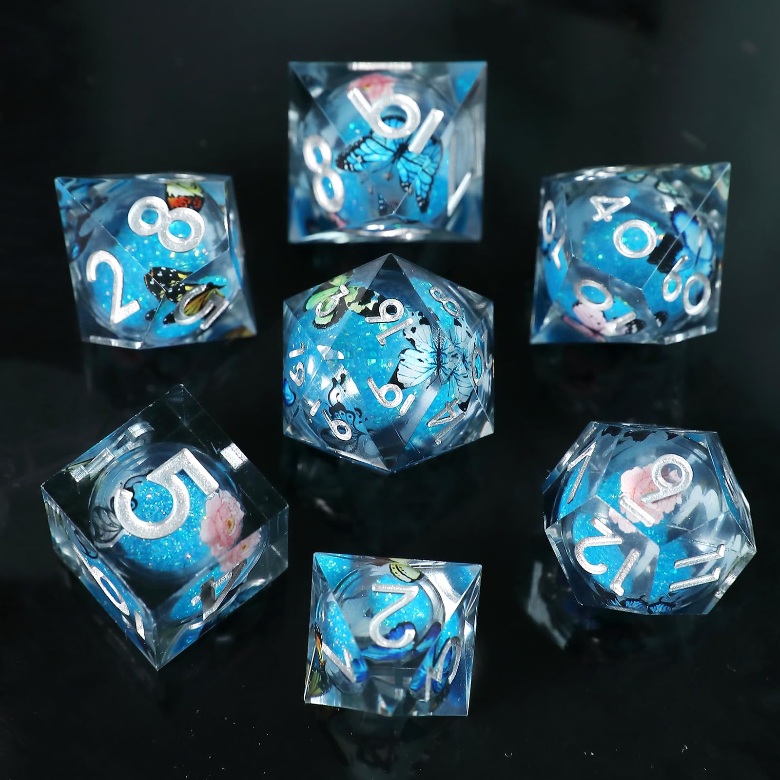 Elifel Liquid Core DND Dice Set 7pcs, Resin Sharp Edged Polyhedral Dice for Dungeons and Dragons, Handmade RPG D20 D12 D10 D8 D6 D4 Dice, Butterfly Themed D&D Dice Role Playing Dice — image 1