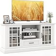 Tangkula Farmhouse TV Stand for TV up to 70 Inch, Tall Media Console Table with 2 Glass Doors, Entertainment Center with Cubbies & Drawer, Storage Cabinet or Sideboard Buffet for Living Room (White)