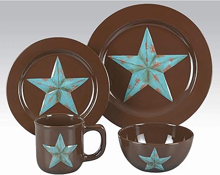 Amazon Com Hiend Accents Western 16 Pc Dinnerware Set Star Chocolate Brown Distressed Turquoise Home Kitchen