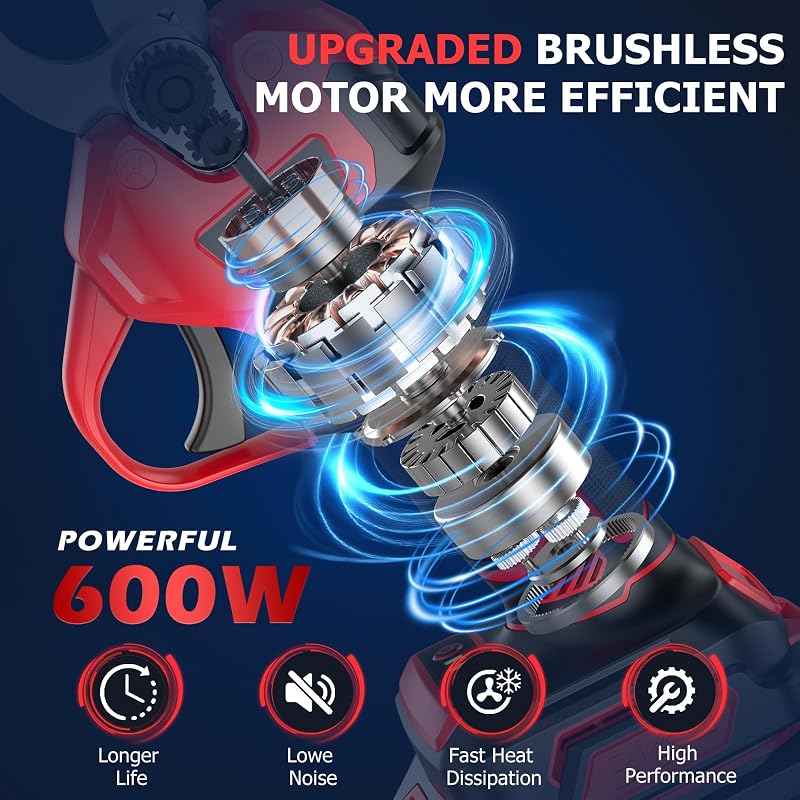 Forbici Potatura a Batteria Brushless, Forbice Elettrica per Potatura 600W Con 2×Batterie 21V 2000mAh, Schermo LCD, per Frutteti, Paesaggistica e Giardinaggio Professionale,Rosso