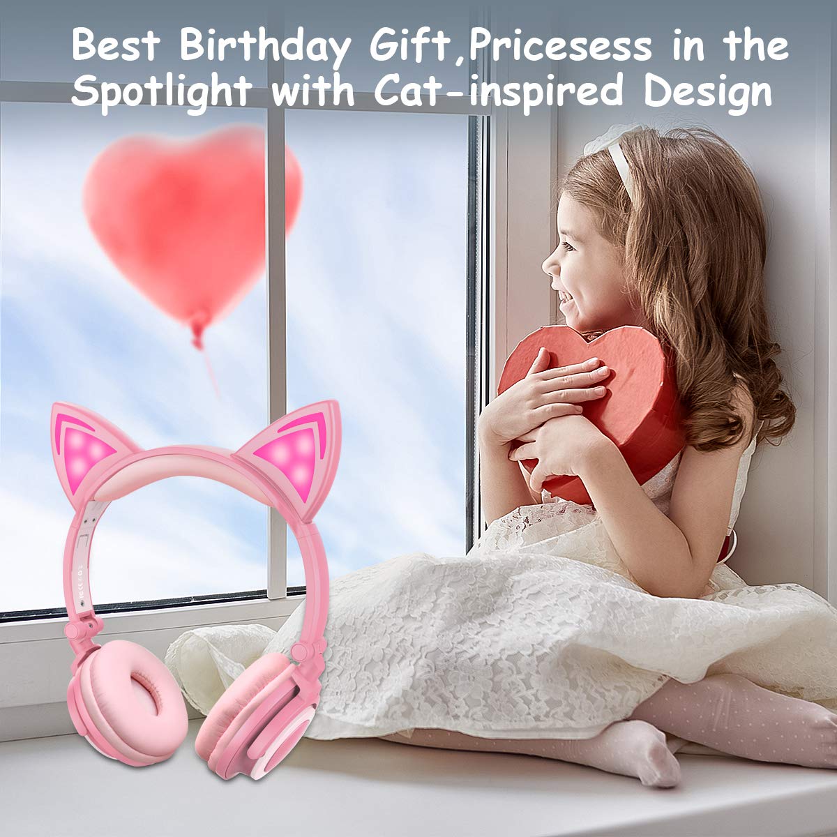 Kids Headphones,Isightguard Wired Headphones On Ear, Cat Ear Headphones with LED for Girsl, 3.5mm Audio Jack for Cell Phone,Pink