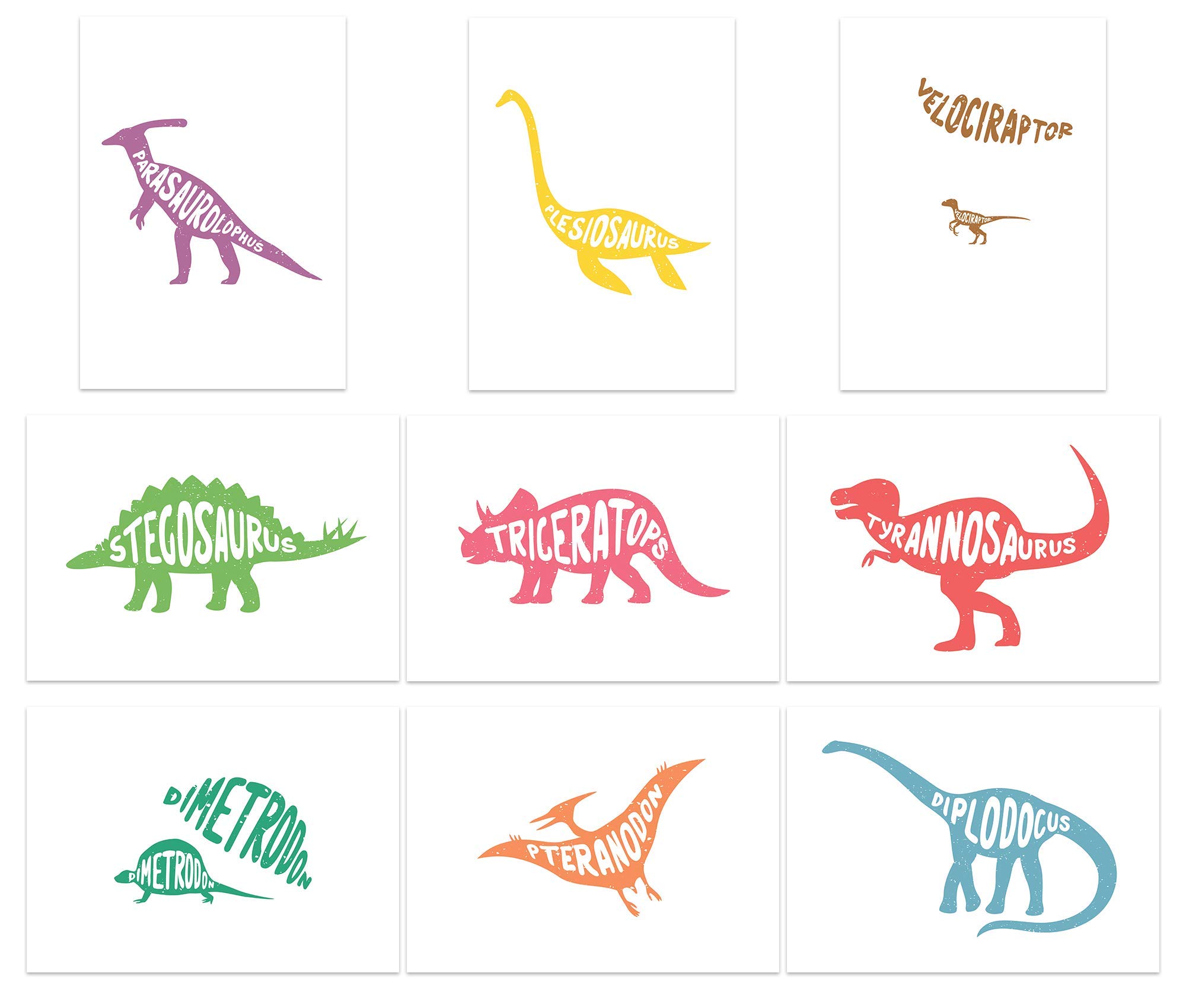 9 Different A4 Dinosaurs Posters with Artistic and Fun Dinosaurs on the Front (9 piece set)