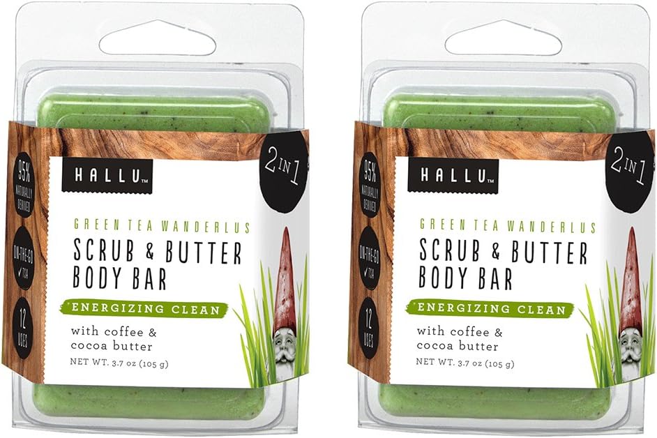 Hallu Body Scrub, Bar Soap, Gnome, Green Tea Scent, 3 oz, Pack of 2
