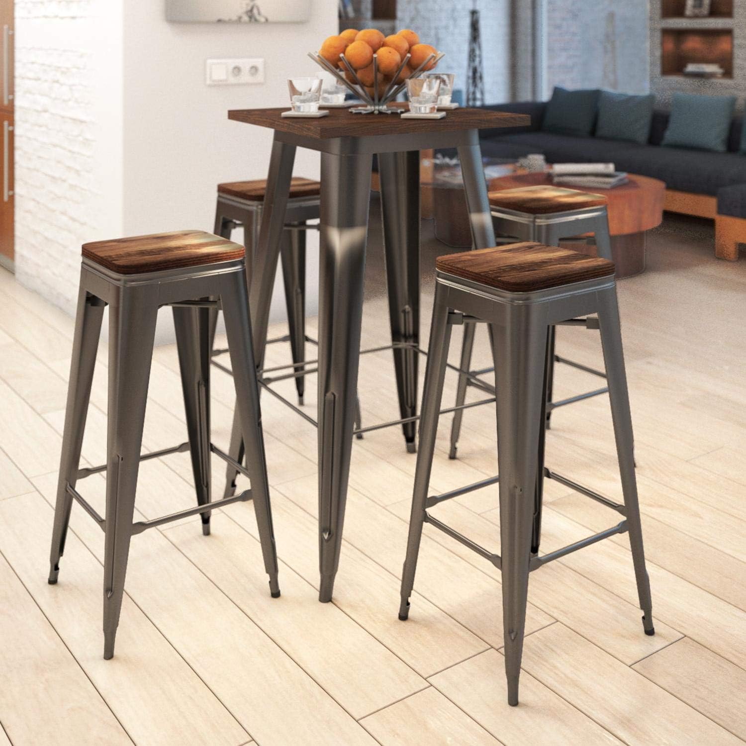 Vipek Metal Bar Table Chair Set 41 5 H Square Dining Table 4pcs 30 H Barstool Dining Stool Bar Chairs W Solid Wood Top Bistro Pub Patio Cafe Restaurant Home Kitchen Gloss