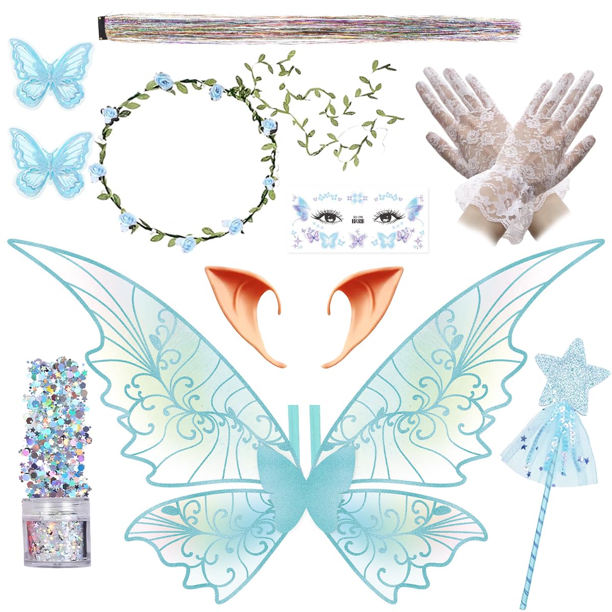 Fairy Wings for Adults Women Butterfly Wings Floral Garland Hair Clip Lace Gloves Fairy Costume Halloween Cosplay 13PCS Blue