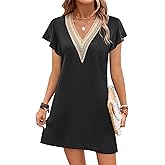 Ekouaer Nightgowns for Women Flare Short Sleeve Sleepshirt Guipure Lace V Neck Sleepwear Soft Pj Dress Night Shirt S-3XL