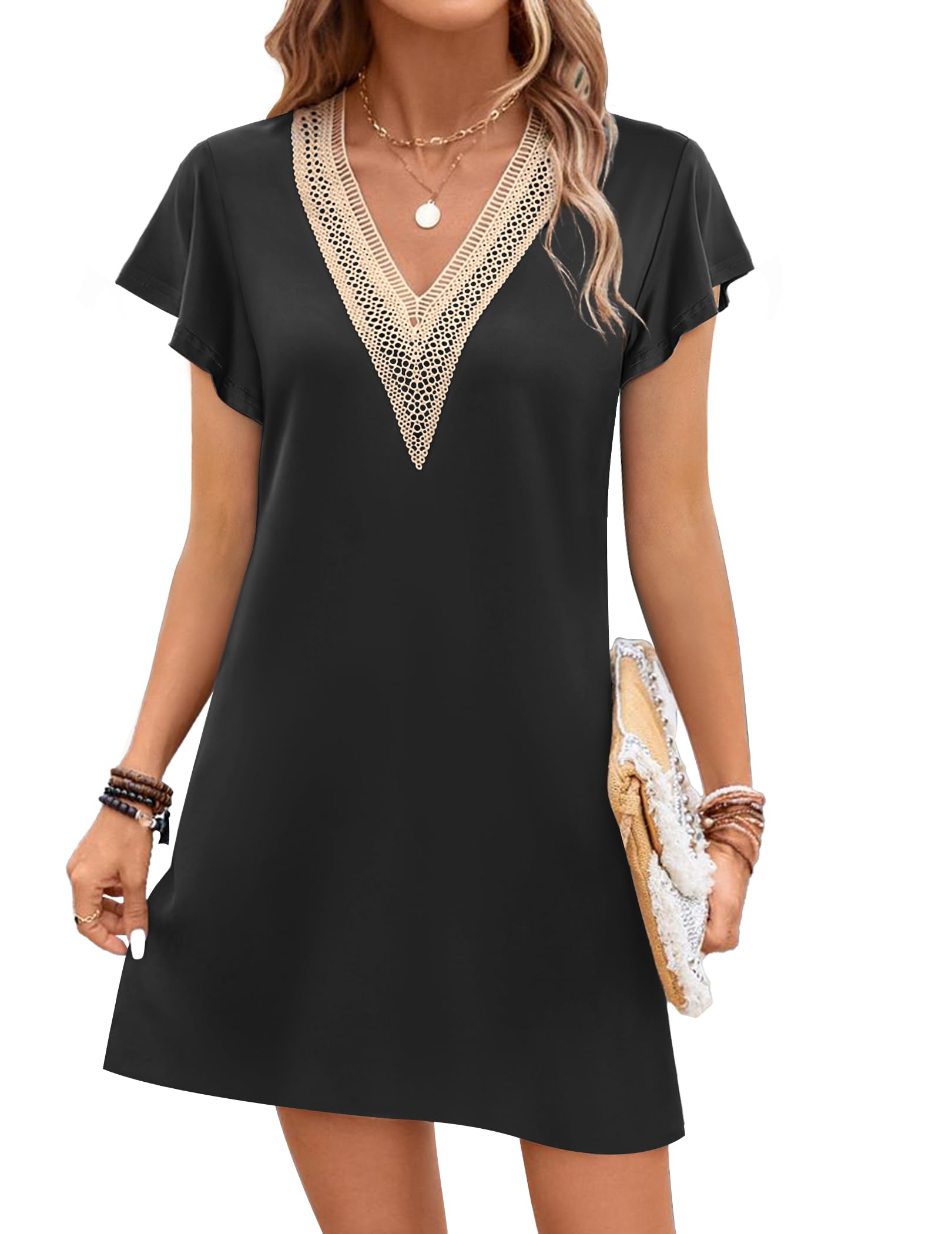 Ekouaer Nightgowns for Women Flare Short Sleeve Sleepshirt Guipure Lace V Neck Sleepwear Soft Pj Dress Night Shirt Black M