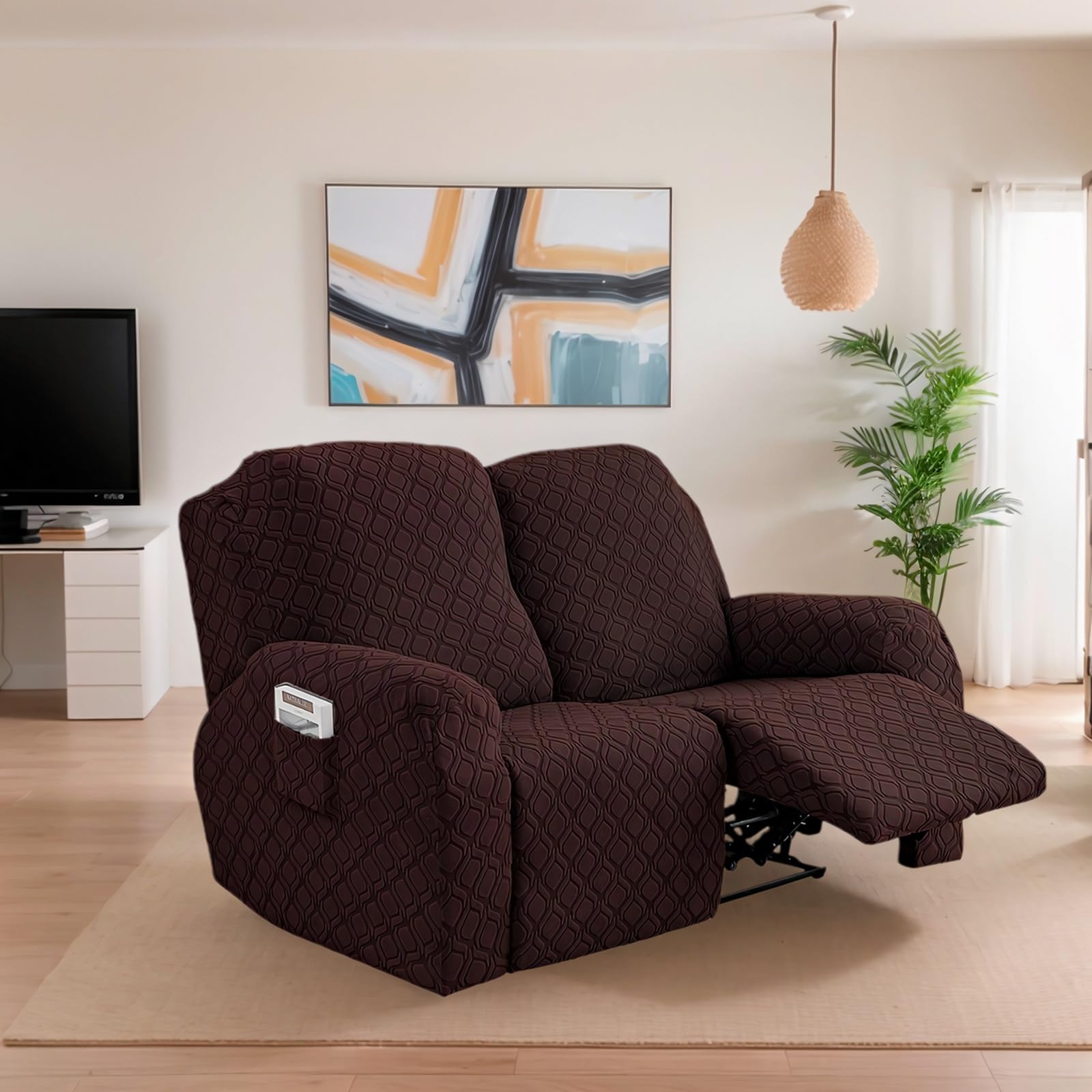 OKUYUK Recliner Chair Cover, 6-Pieces Stretch Recliner Covers for Recliner Chair Soft Reclining Chair Slipcover Furniture Protector for Dogs Cats (Coffee, 2 Seater)