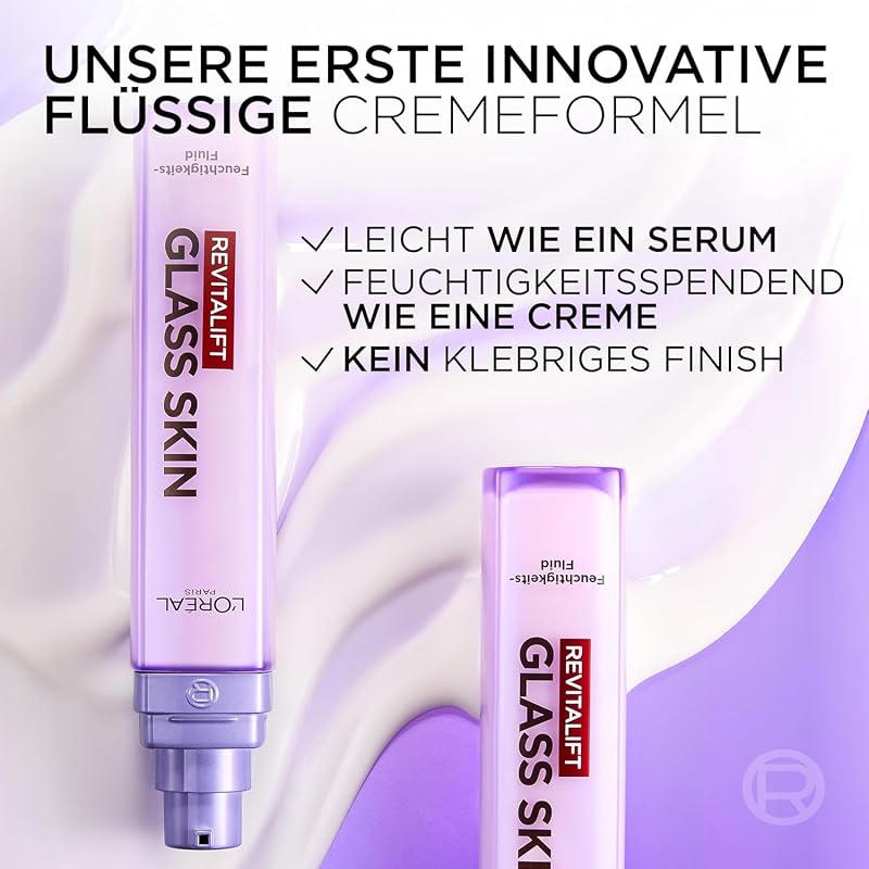 L'Oréal Paris Glass Skin Feuchtigkeits-Fluid, für aufgepolsterte & glowy Haut, mit Hyaluronsäure + 5% [Vitamin B3 + Pro B5 + C], Anti-Aging Gesichtsfluid, [Amazon Exclusive] Revitalift Filler, 70ml