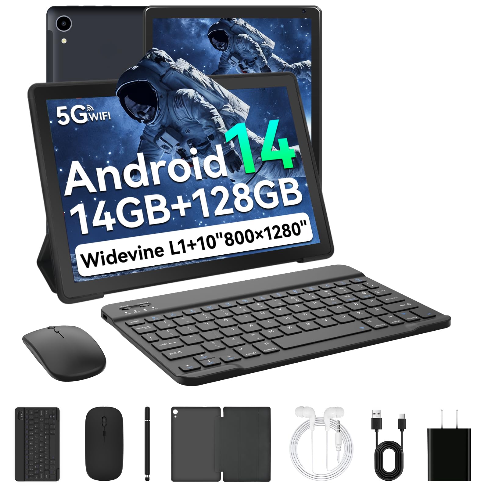 Whitedeer 10 inch Tablet Android 14, 14GB+128GB/2TB Expanded, Octa-Core Tablets, 800 * 1280 HD?WiFi 6?BT 5.0?5000mAh?5MP+8MP, Widevine L1, Tab with Keyboard?Mouse?Stylus?Tablet Case? Headphone(Black)