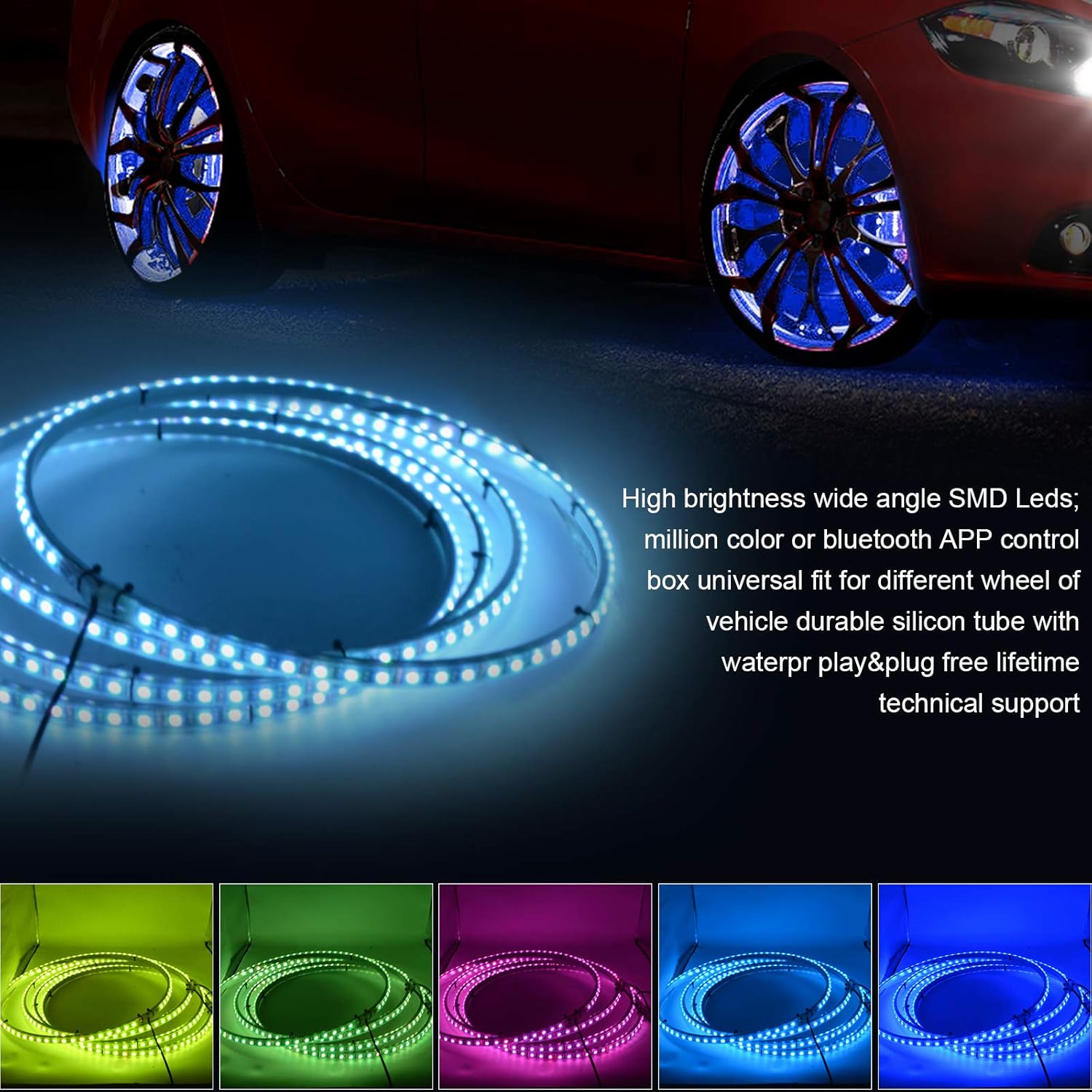 Safego RGB Wheel Ring Lights 4Pcs 15.5inch 288LEDs Multiple Dream Color Rim Lights Tire Lights Controlled By Remote and Blue-Tooth Compatible with Most Cars, Trucks, SUV ATV (Single Side): Automotive