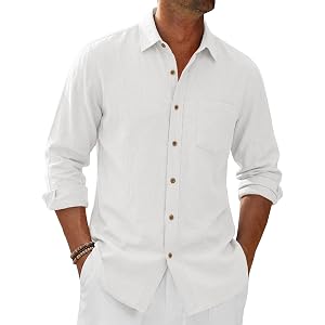 Runcati Mens Button Down Linen Shirts Long Sleeve Casual Shirt Cotton Beach Summer Tops with Pocket