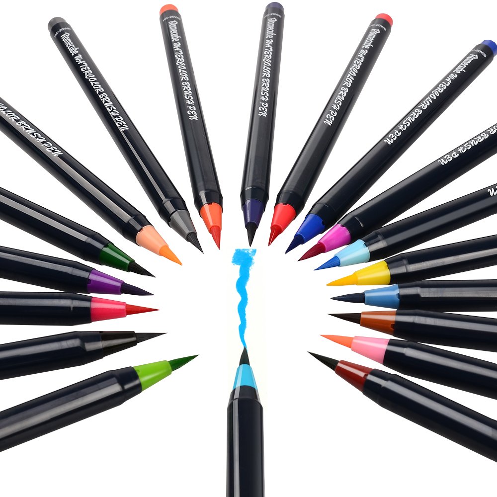 Watercolor Brush Pens, Homecube 20 Colors Water Based Painting Markers with a Water Coloring Brush for Children & Adults Coloring Books, Manga, Comic, Calligraphy