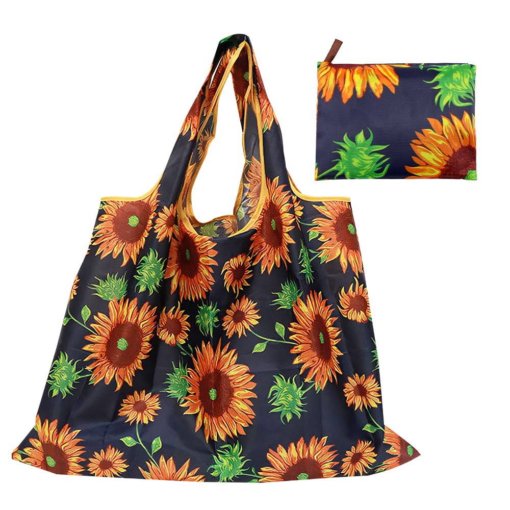 HYMUUNI Large Foldable Shopping Tote Bag Water Resistant Shopping Tote Bag Reusable Eco Waterproof Tote Shopping Bag for Daily Use in Pocket (Sunflower)