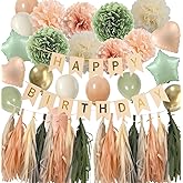 Sage Green and Peach Birthday Decorations -Pastel Orange Happy birthday Party Balloons for Women and Girls with Gold Banner Tassel Garland Tissue Pompoms (Sage Green + Peach)