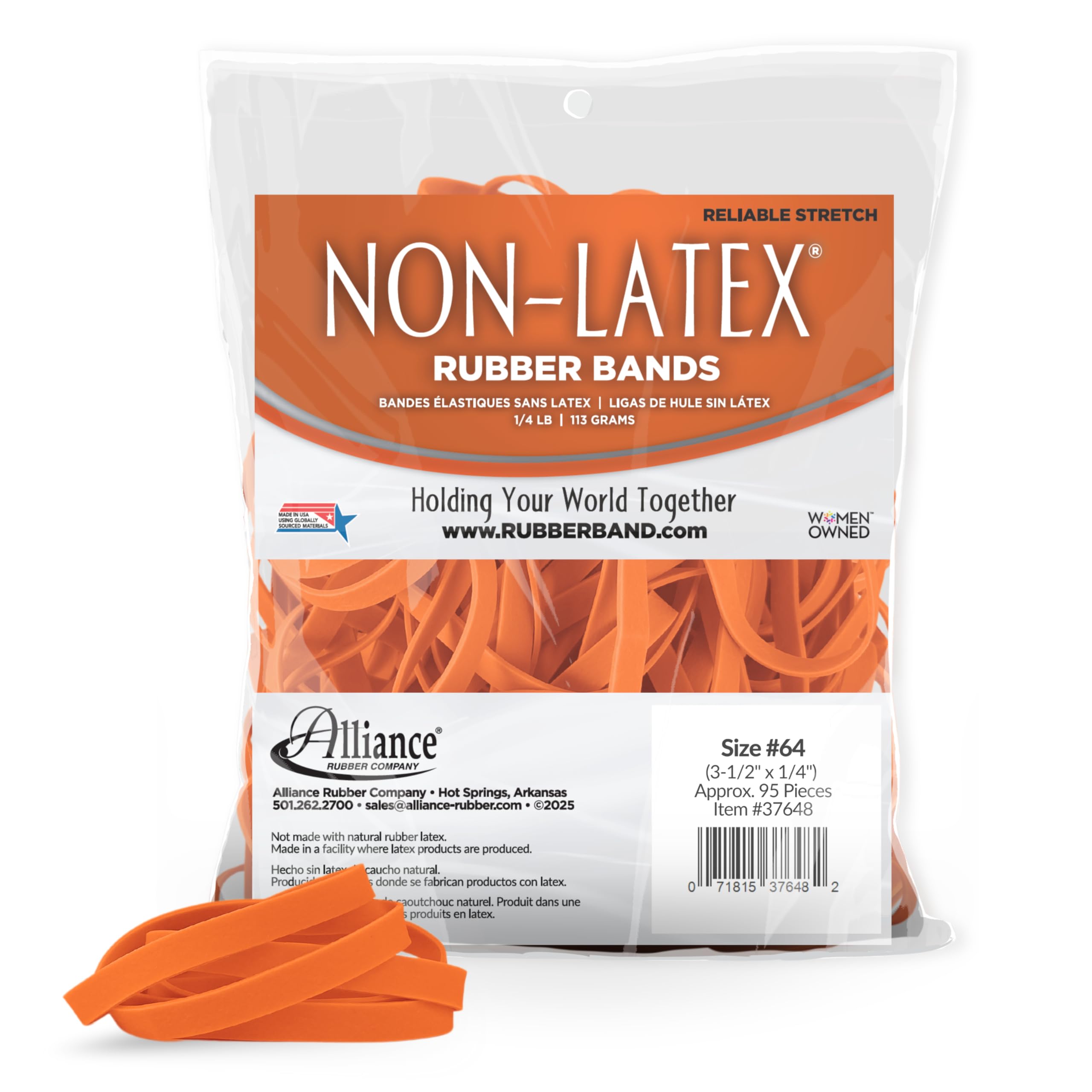 Alliance Rubber 37648#64 Non-Latex Rubber Bands, 1/4 lb Poly Bag Contains Approx. 95 Bands (3 1/2" x 1/4", Orange)