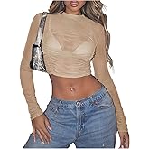 Floerns Women's Y2k Long Sleeve T Shirts See Through Ruched Mock Neck Going Out Crop Tops