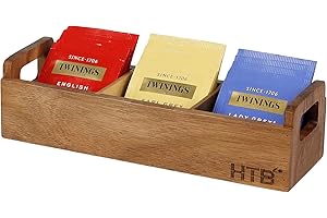 HTB Small Tea Bag Box Wooden, 3 Compartments Acacia Wood Tea Bag Chest with Handle, Mini Countertop Divided Storage Container for Beverage Supplies, Sugar, Sweeteners, Individual Packets