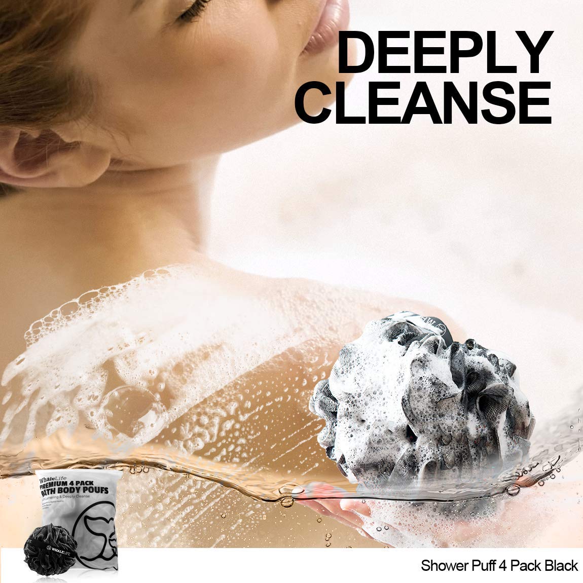Shower Puff 4 Pack Black Bath Sponge Shower Loofahs Pouf Ball Nature Bamboo Charcoal Mesh Bulk Puffs Large, Shower Essential Skin Care by WhaleLife: Beauty